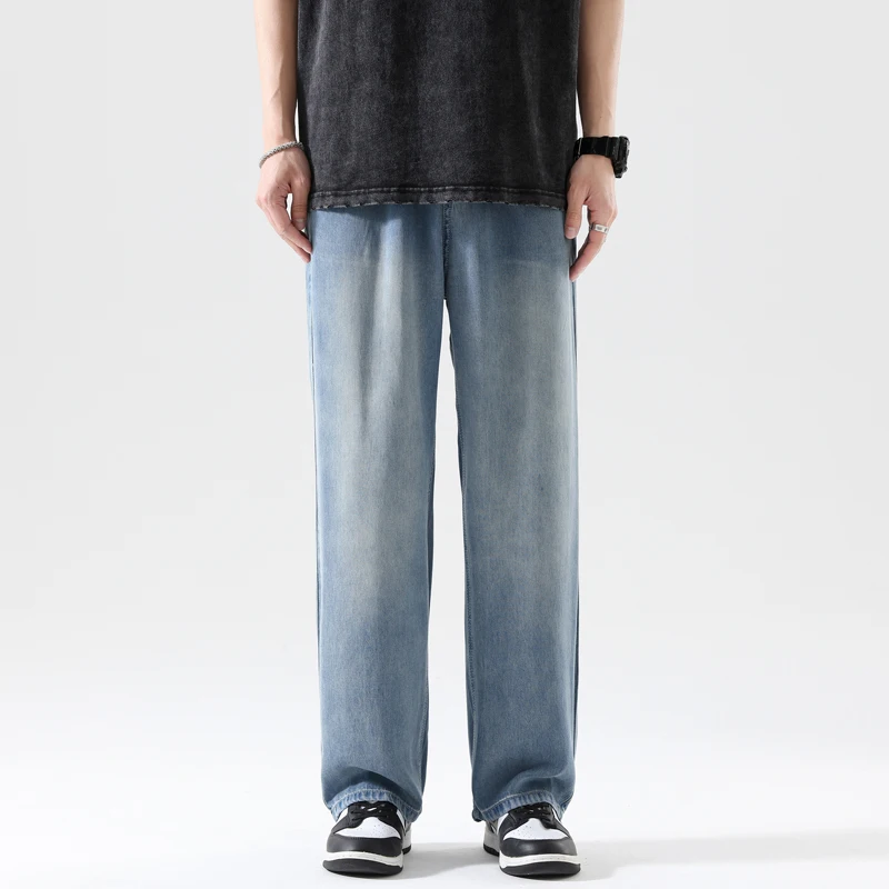 High Quality 100%Lyocell Jeans Men Spring Summer Casual Elastic Waist Denim Trousers Male Korea Loose Straight Blue Pants S-3XL 썸네일 4