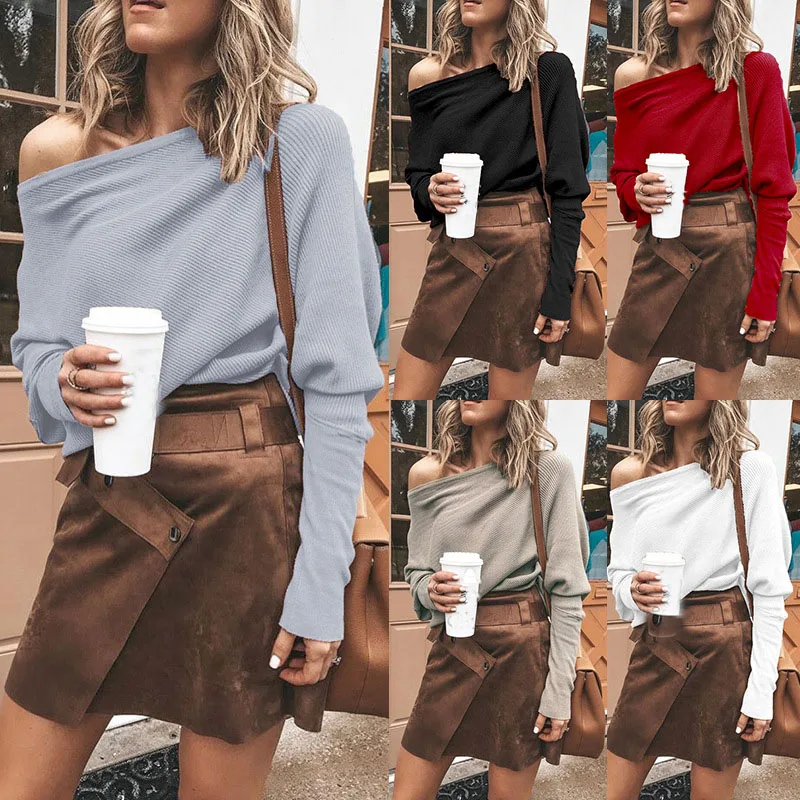 

Sexy Hollow Out Women T-shirt Fashion Design Sense Spring Autumn Long Sleeve Bat-sleeved One-line Collar Casual Streetwear Top