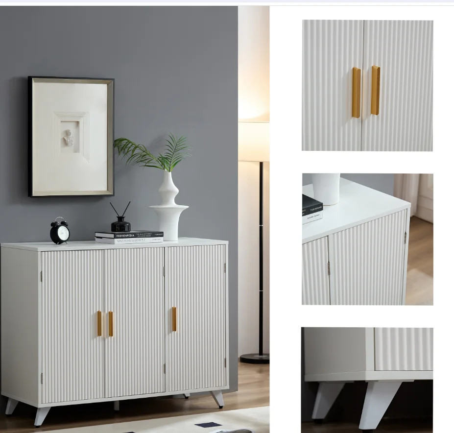 【 US Stock 5-7Day 】 Sideboard with wavy texture buffet cabinet, white accent cabinet with door, modern bookcase for kitchen