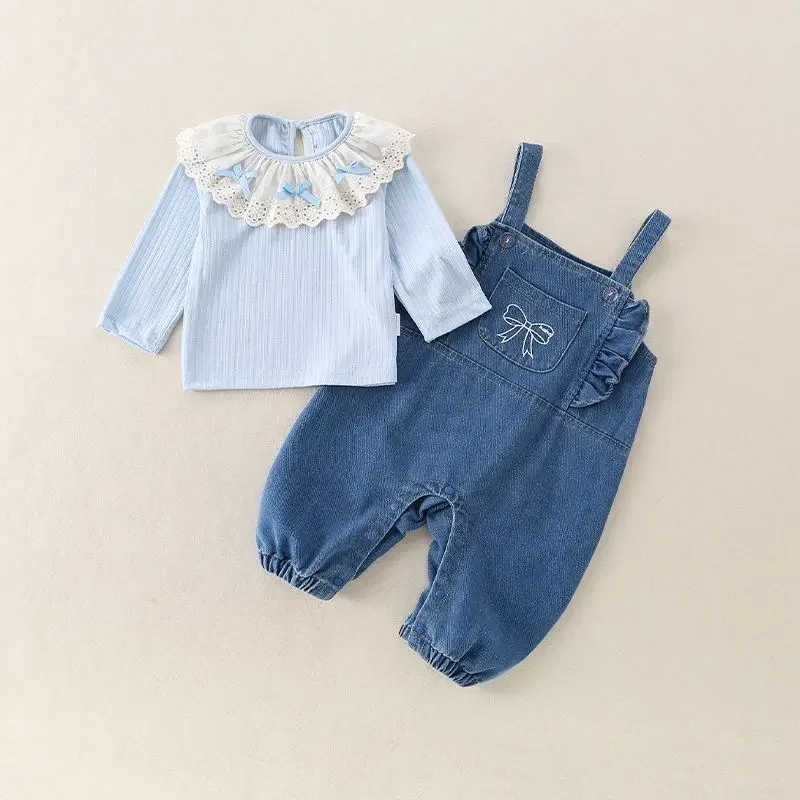 

2025 Autumn Baby Girl Clothes Cotton 2Pcs Sets 0-4Y Doll Collar Long Sleeve Top and Denim Overalls Cute Korean Casual Outfit