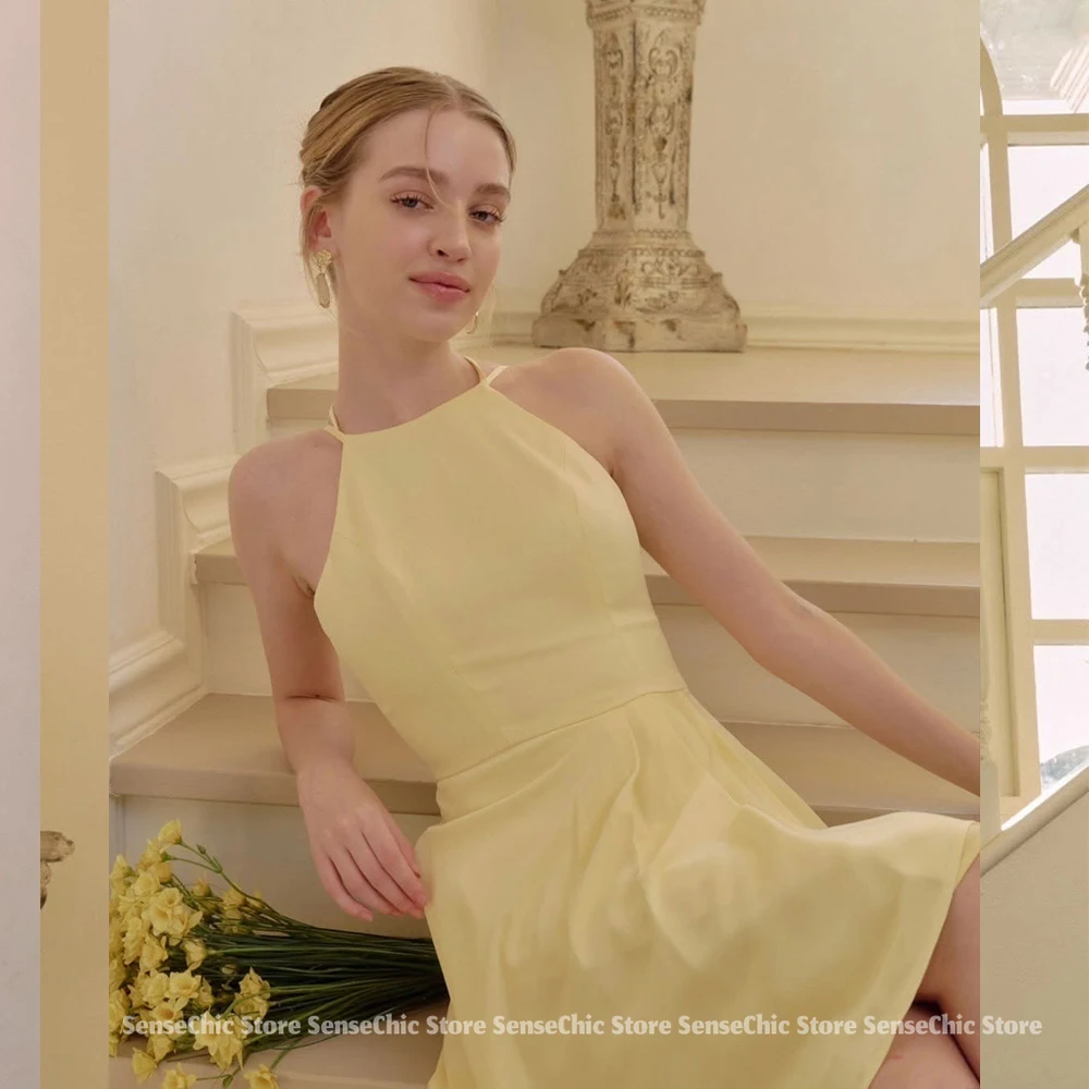 노란색 간단한 이브닝 드레스 여성 우아한 한국 홀터넥 a 라인 새틴 사진 촬영 공식 바닥 길이 행사 드레스 맞춤형