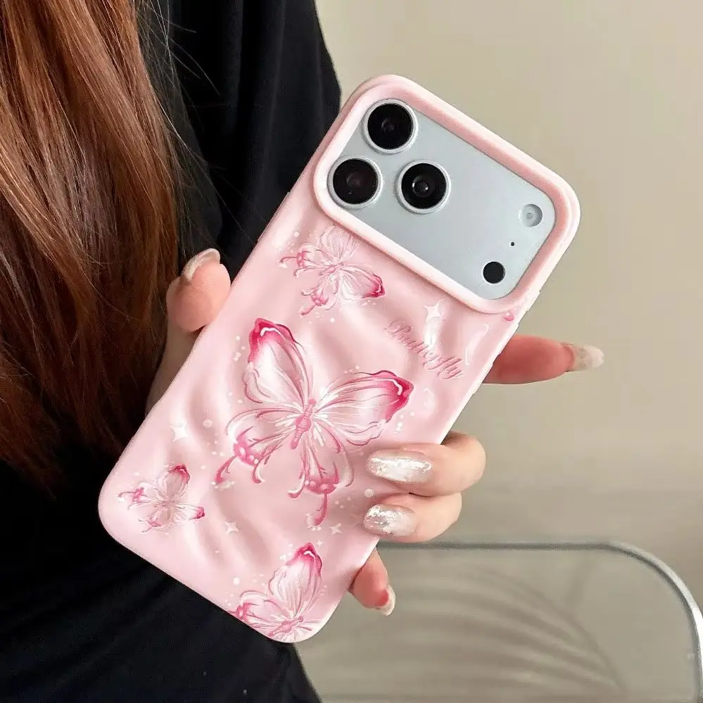 Niedliche Schmetterling-Wasserwellen-Hülle für iPhone 16 17 Pro Max 14 15 Plus 12 13 11 X Xr Xs Ultra Slim Stoßfeste Cartoon-Rückabdeckung