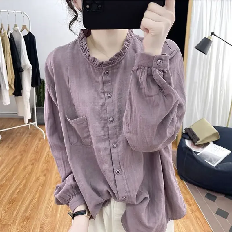 Womens Clothing New Ruffle Solid Vintage Cotton Linen Button Up Shirt Casual Streetwear Y2K Blouse Loose Long Sleeve Tops LJ580