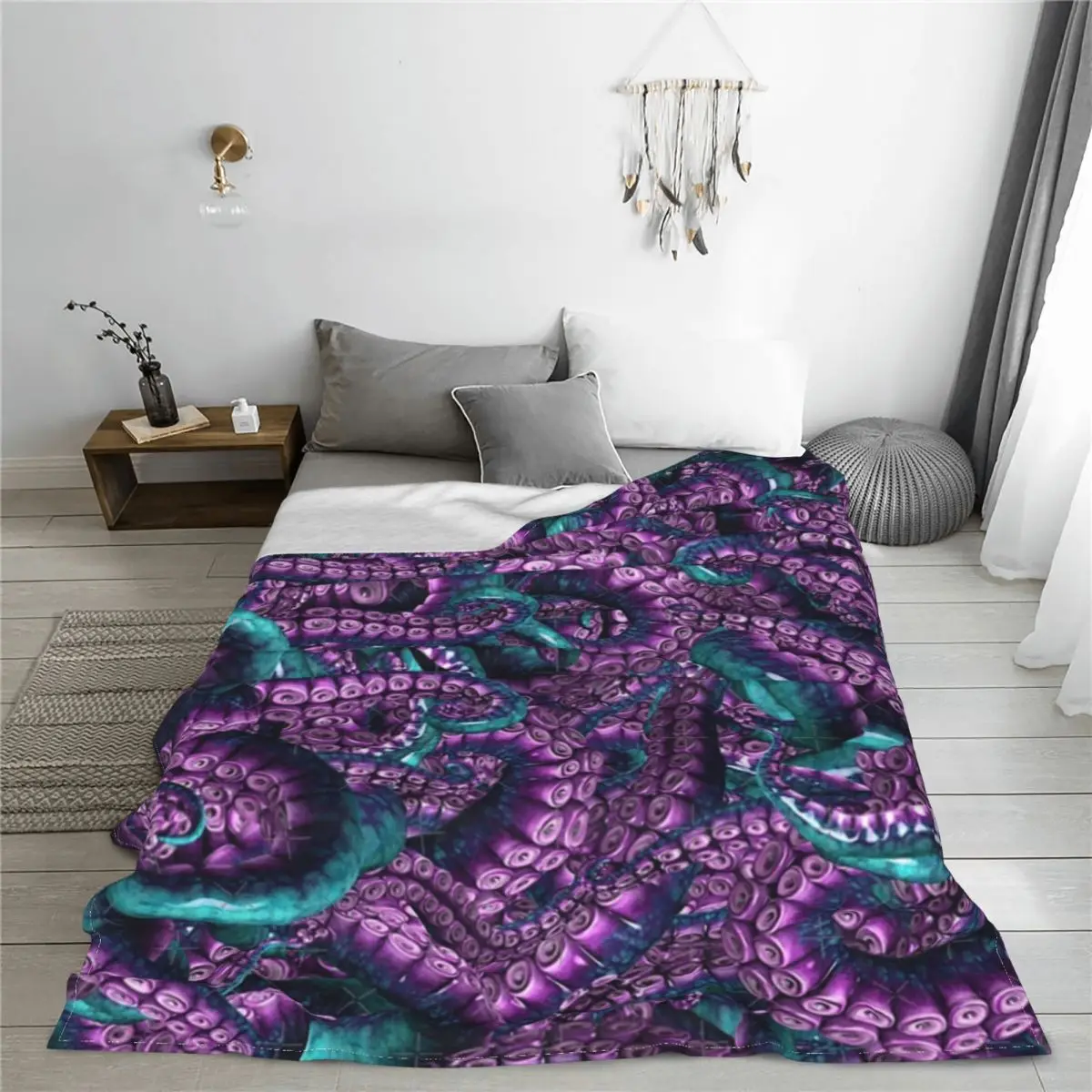 Tentacles Teal And Violet Blanket Cover octopus horror sea monster Flannel Throw Blanket Bedroom Sofa Portable Ultra-Soft Warm