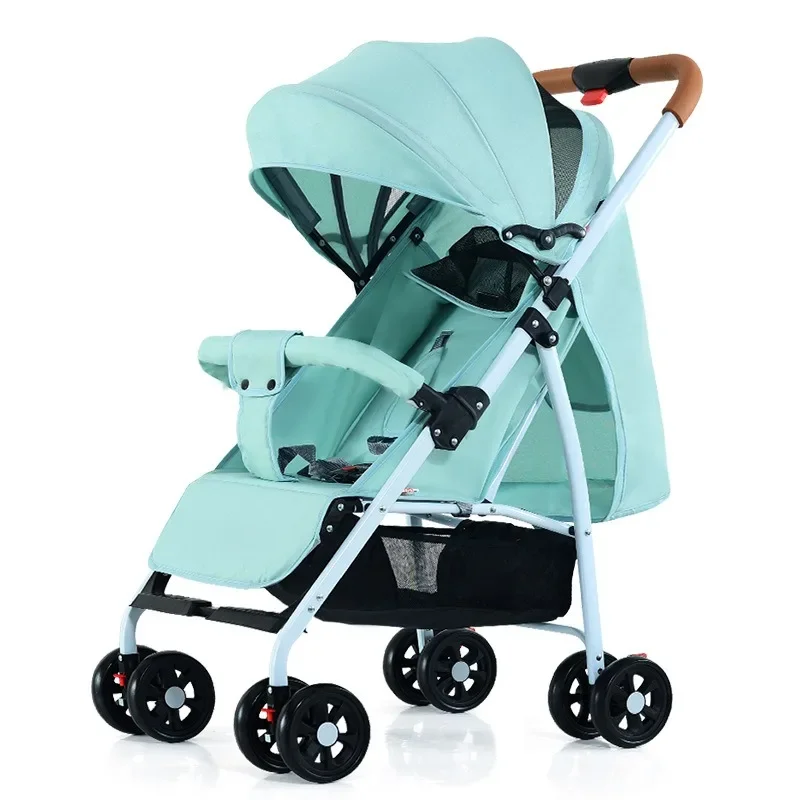 The baby stroller can be easily folded with one button and can be sat on a baby stroller with a high view.