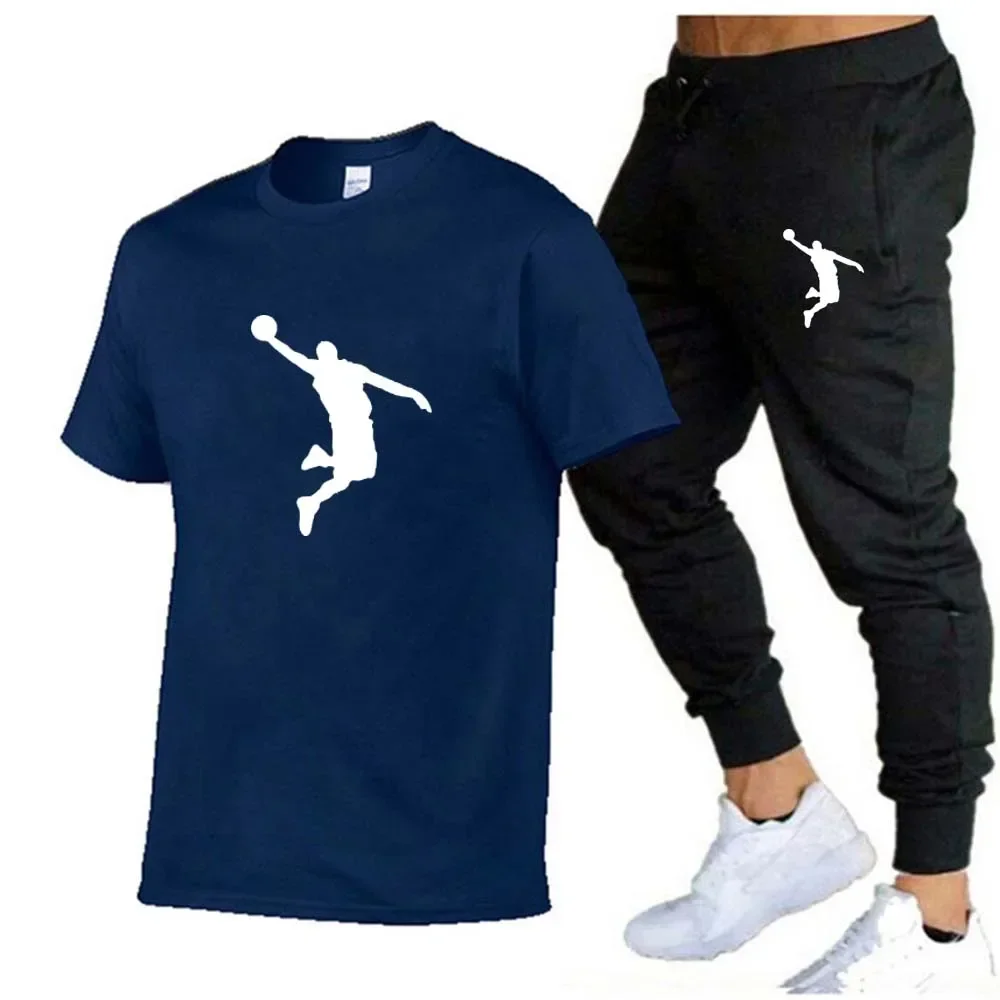 

Summer men's jogging set: Fashionable and casual outdoor men's cotton short-sleeved T-shirt + sporty thin long pants 2-piece set