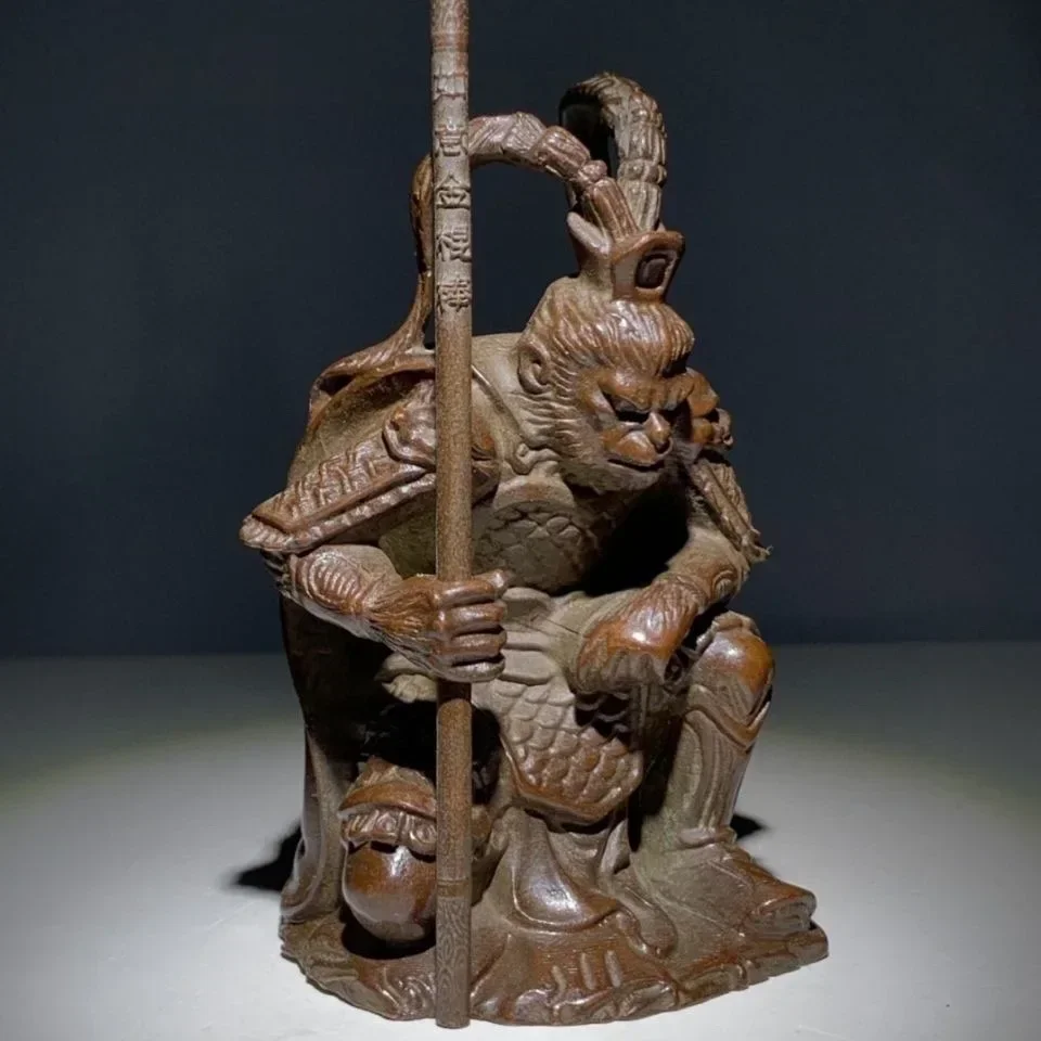 Chinese Myth Copper Sun Wukong Buddha Monkey King Hold Stick Fight Statue Ornaments