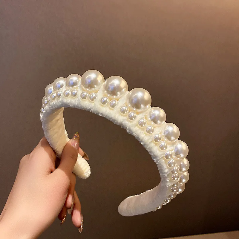 European and American Fashion Design Pearl Flannel Hair Hoop New Hair Aaccessories Personality Pearl Headdress Women\'s Headband