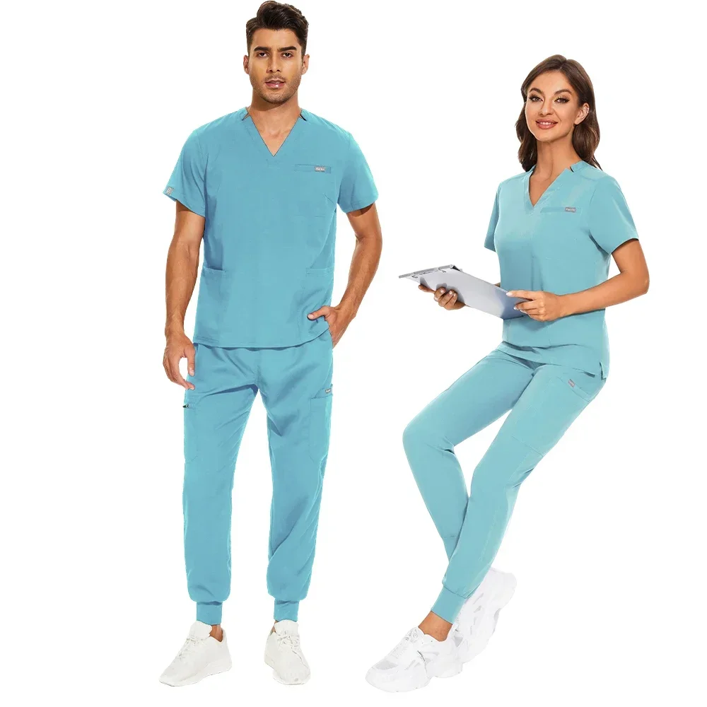 Uniformes médicos elásticos para mujeres y hombres, Tops, pantalones, trajes quirúrgicos, accesorios para médicos, enfermeras, clínica Dental, salón de belleza, ropa de trabajo