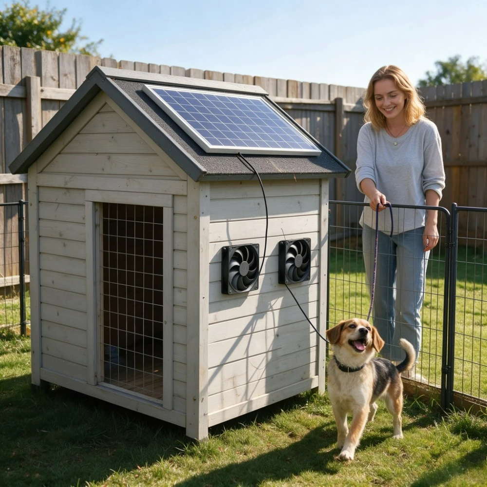 10W Solar Dual Exhaust Fan Silent Vent Kit Outdoor Cooling Air Circulation System for Pet House Cat Dog Kennel Chicken Coop