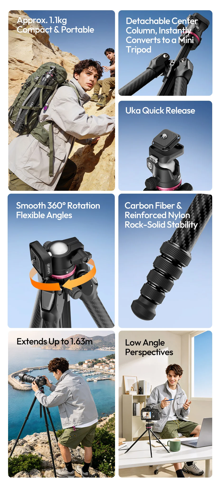 Ulanzi TZ01 Vielseitiges 2-in-1 Carbonfaser-Stativ Max. 1,6M Stativ mit Mini-Stativsäule für DSLR-Kamera für Outdoor-Reiseaufnahmen – Detail 2