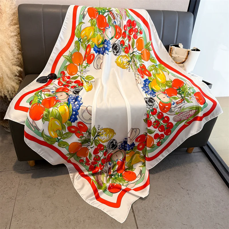 2026 Citrus Fruit Satin Silk Scarf Women All Season Large Square Neck Warmer Soft Korean Style Wrap Gift Elegant Daily Fashion