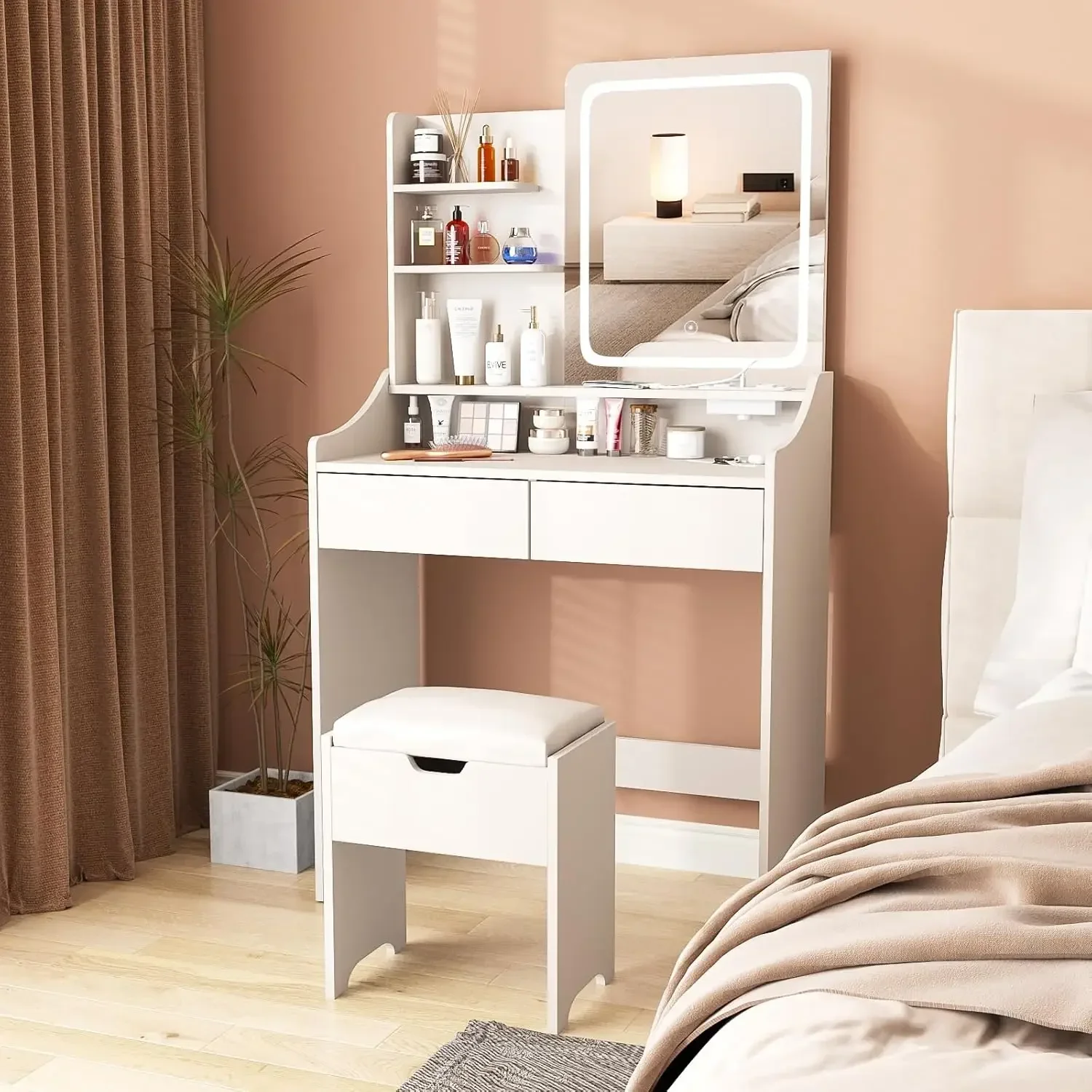 Vanity Desk with LED Light Mirror and Charging Station 30.3in, Small Vanity Set with 4 Storage Shelves 2 Drawers, Vanity