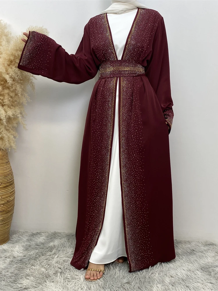 Eid Muslim Abaya for Women Diamond Kimono Cardigan Dress Pocket Ramadan Lace-up Abayas Kaftan Dubai Arab Long Robe Vestido Largo