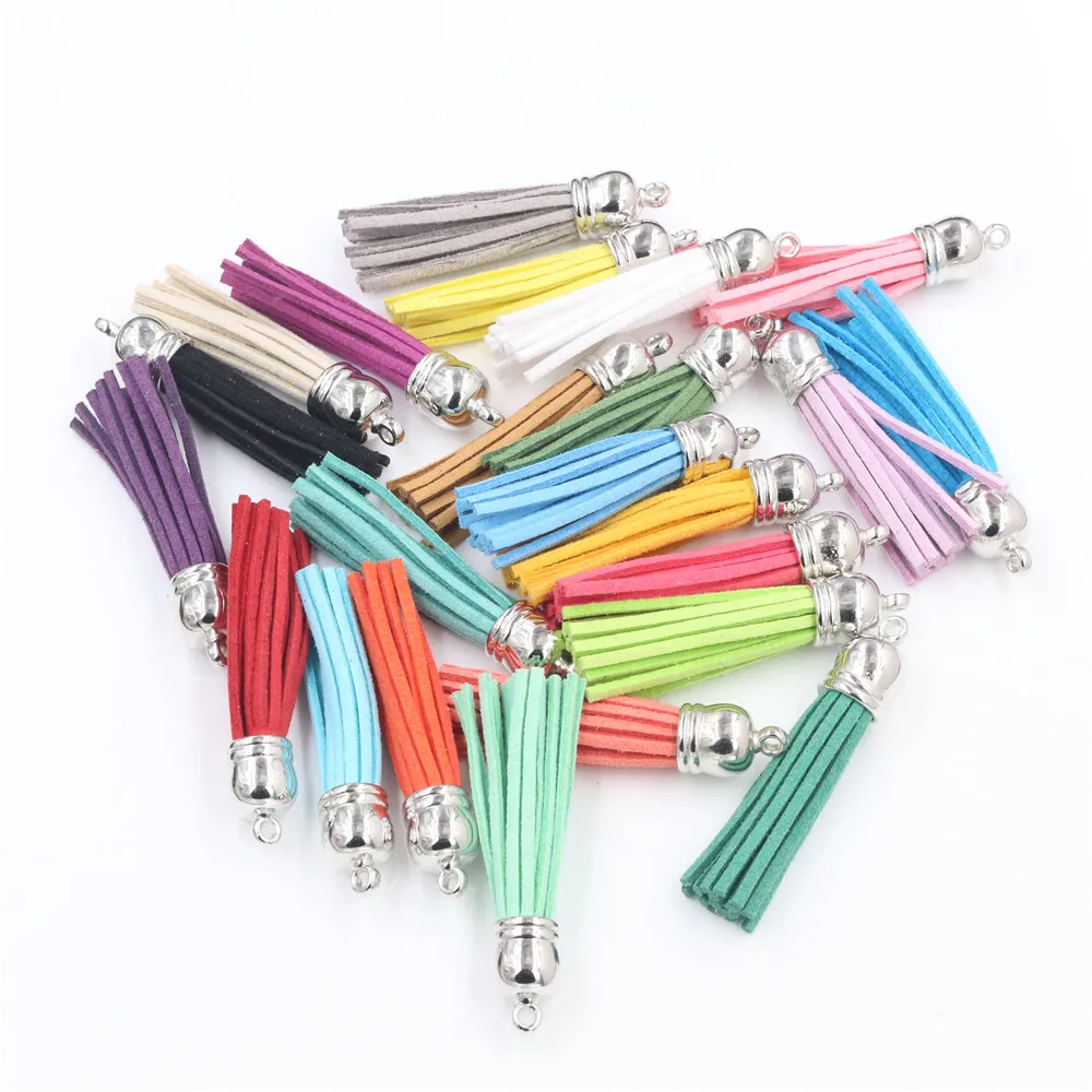 10pcs 38mm 55mm length Suede Tassel For Keychain Cellphone Straps Jewelry Charms, Leather Tassels With Silver Plated Gold Caps