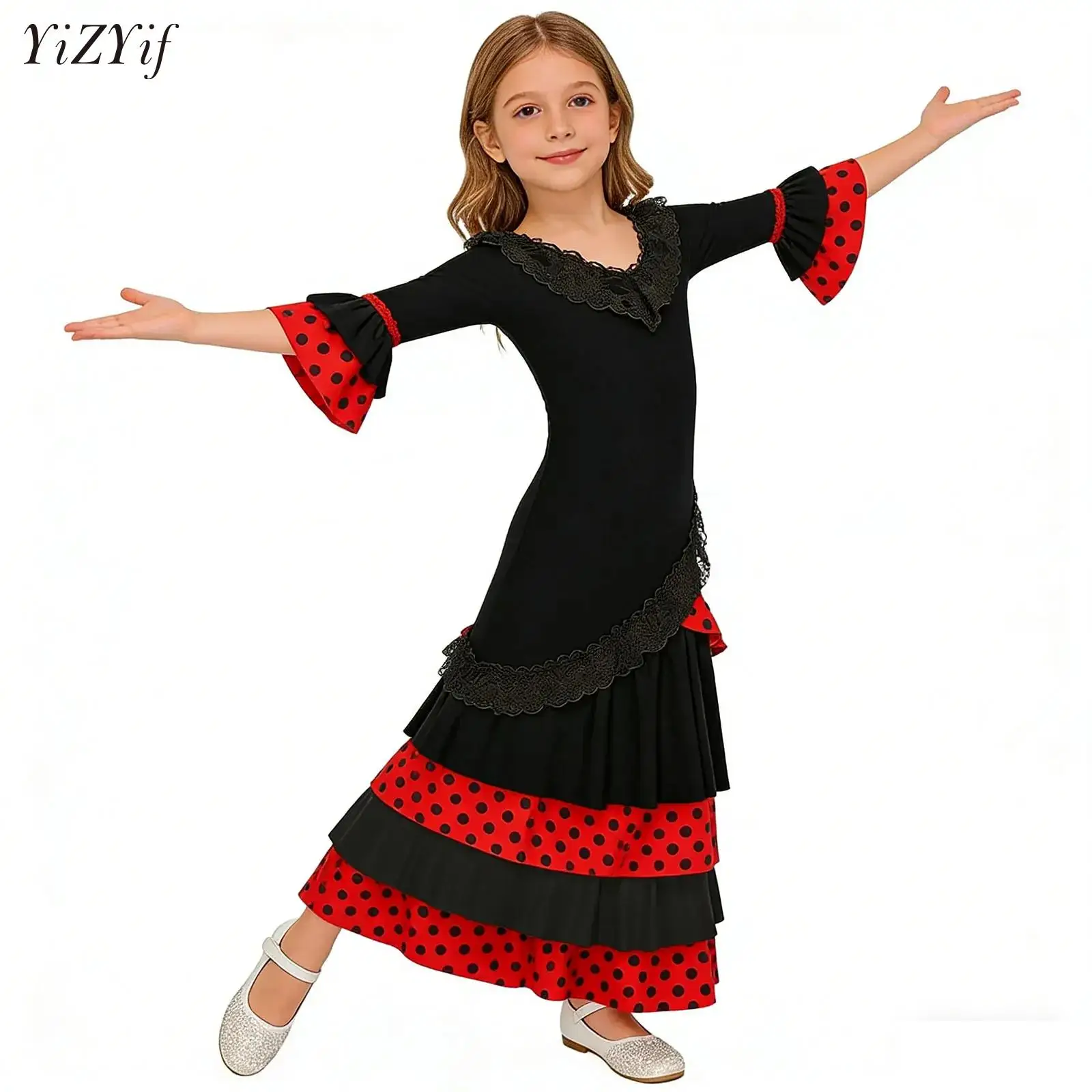 

Spanish Costume Girl Long Red Flamenco Style Dress Ballroom Skirt for Girls Child Tiered Ruffled 3/4 Sleeve Dance Tutu Dress