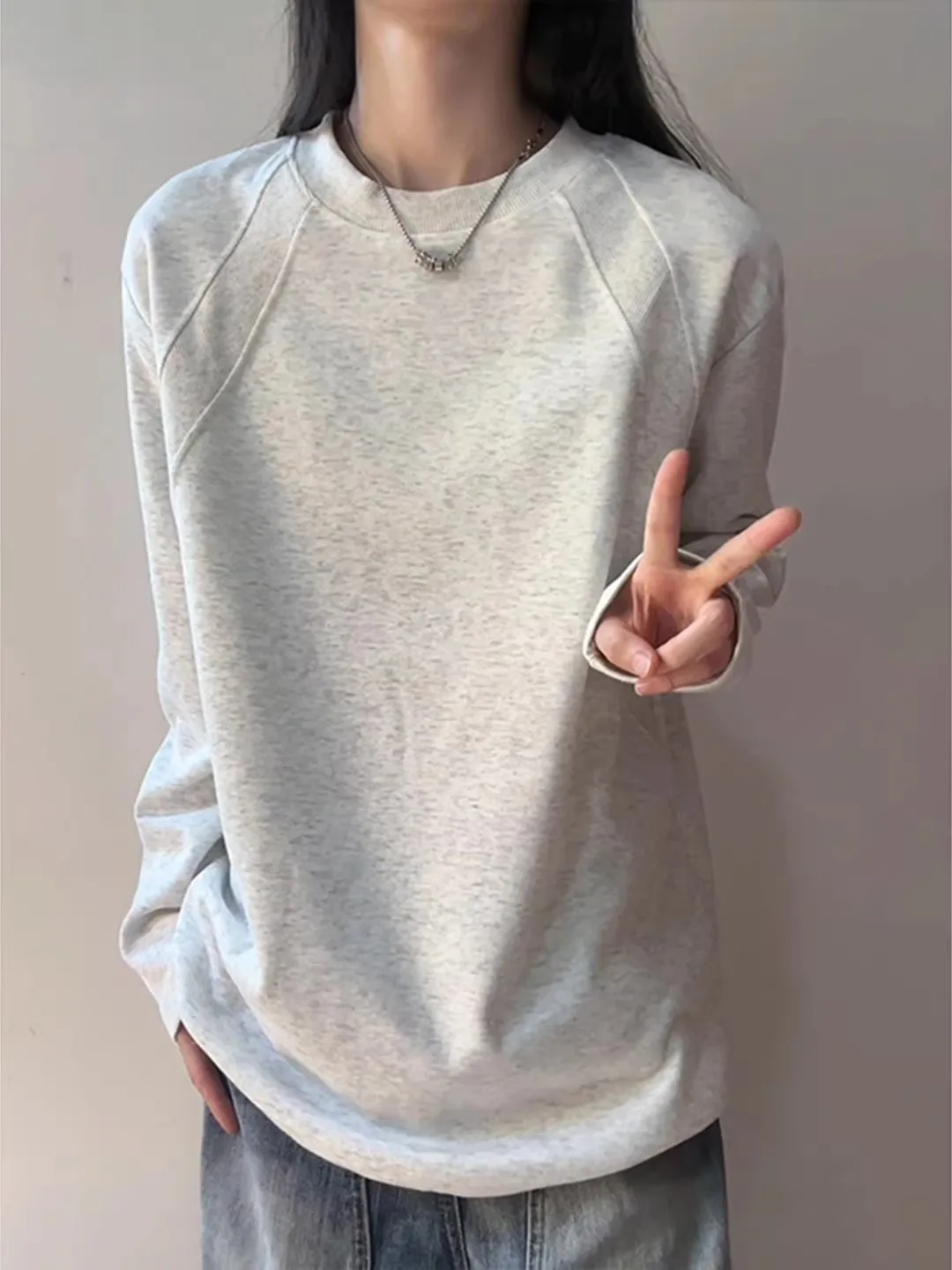 Light Grey Deconstructed Long Sleeve T-Shirt Men's Style Heavyweight Shoulder Sweatshirt Premium Feeling Teenage Base Layer