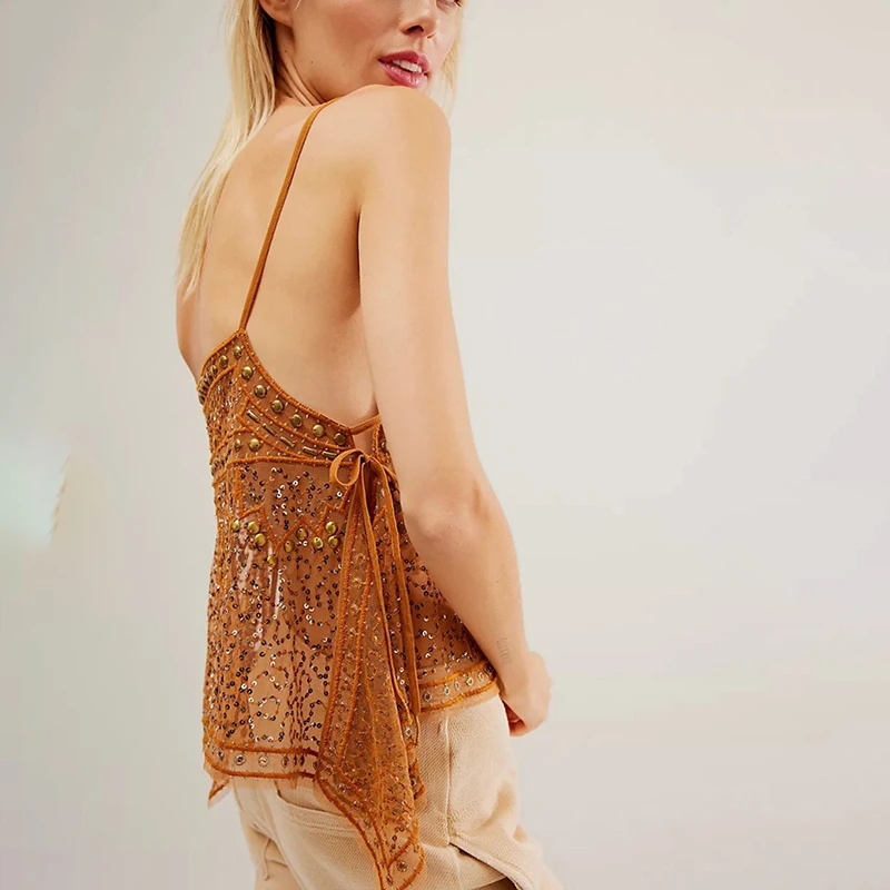 Elegante V-hals Mouwloze Jarretel Tops Vrouwen Sexy See-through Hollow Out Party Blouse Mode Pailletten Onregelmatige Losse Shirts