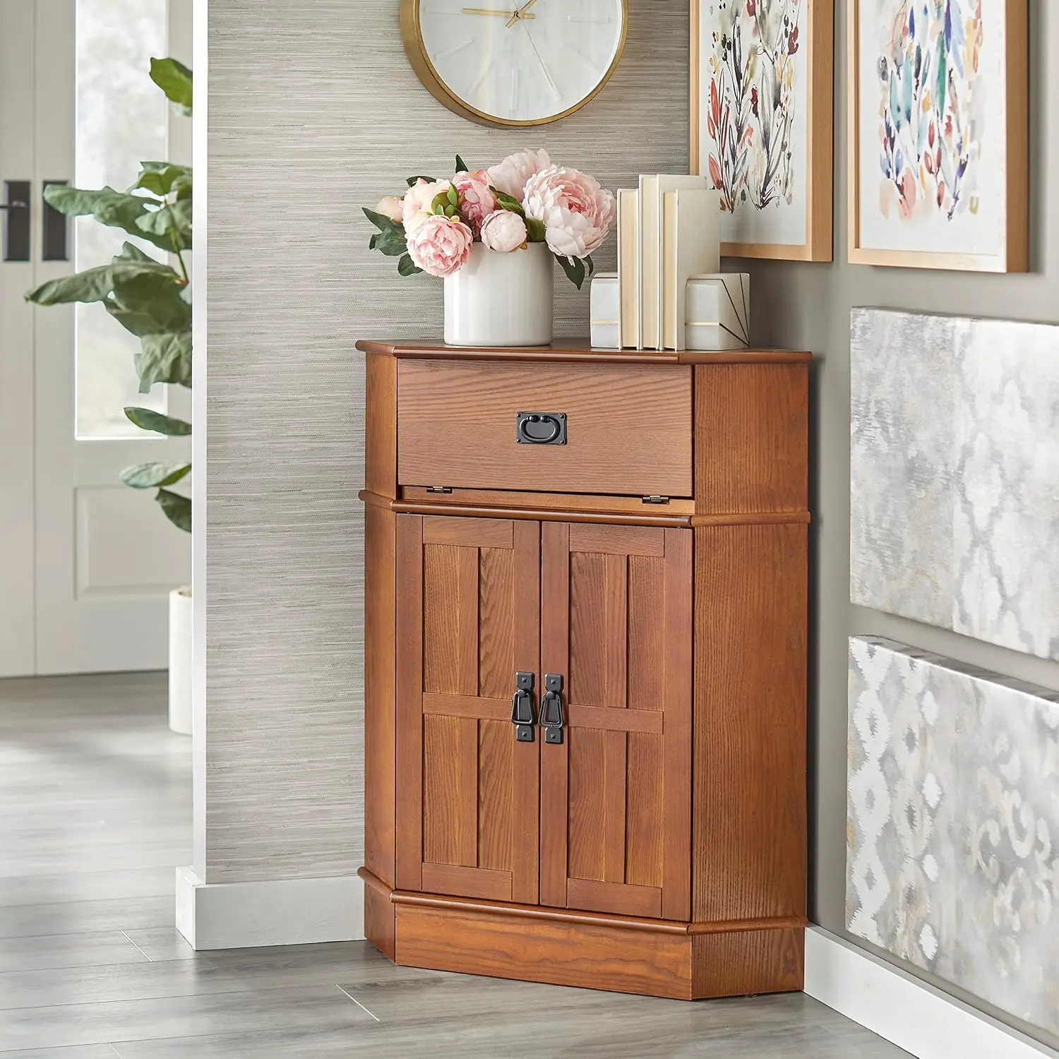Corner Cabinet with Drawer & Doors, Black Hardware Accent Storage for Living Room & Entryway, Space-Saving Oak, Customized