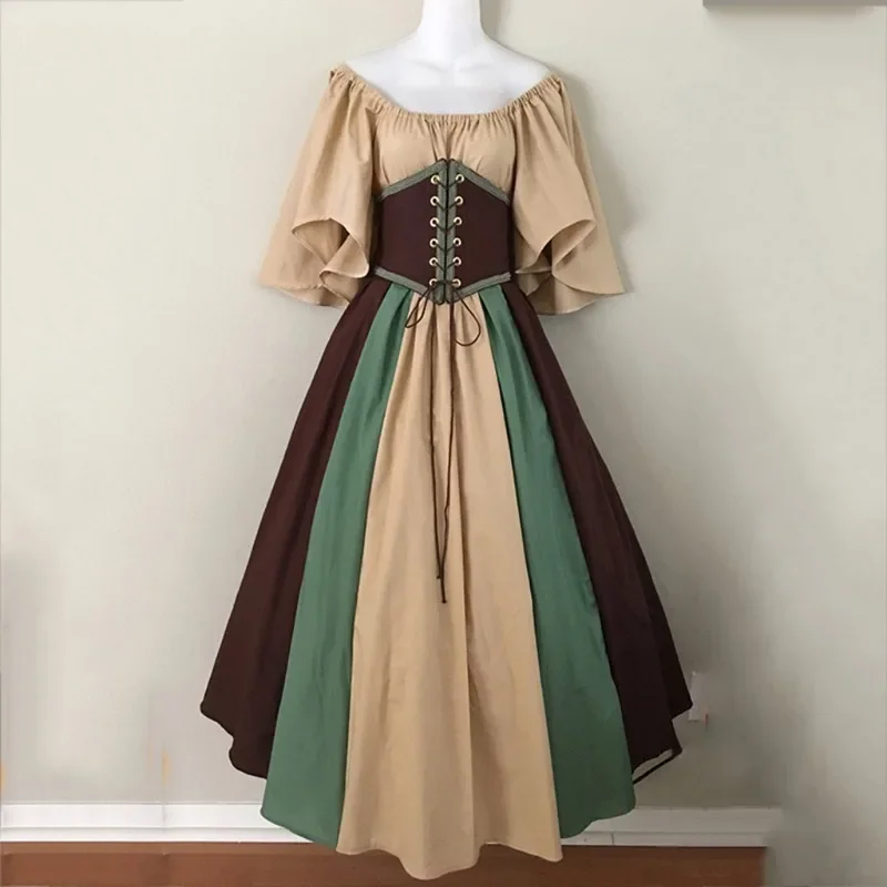 European and American Medieval Retro Contrasting Slim Fitting Skirt with Flying Sleeves Large Swing Skirt One Shoulder Dress