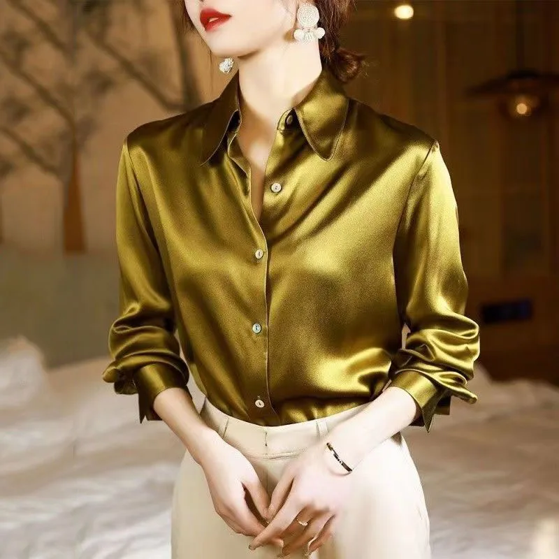 Lucyever High Quality Imitation Silk Blouse Women Fashion Long Sleeve Loose Satin Blouses Korean Style Office Lady Stand Shirts