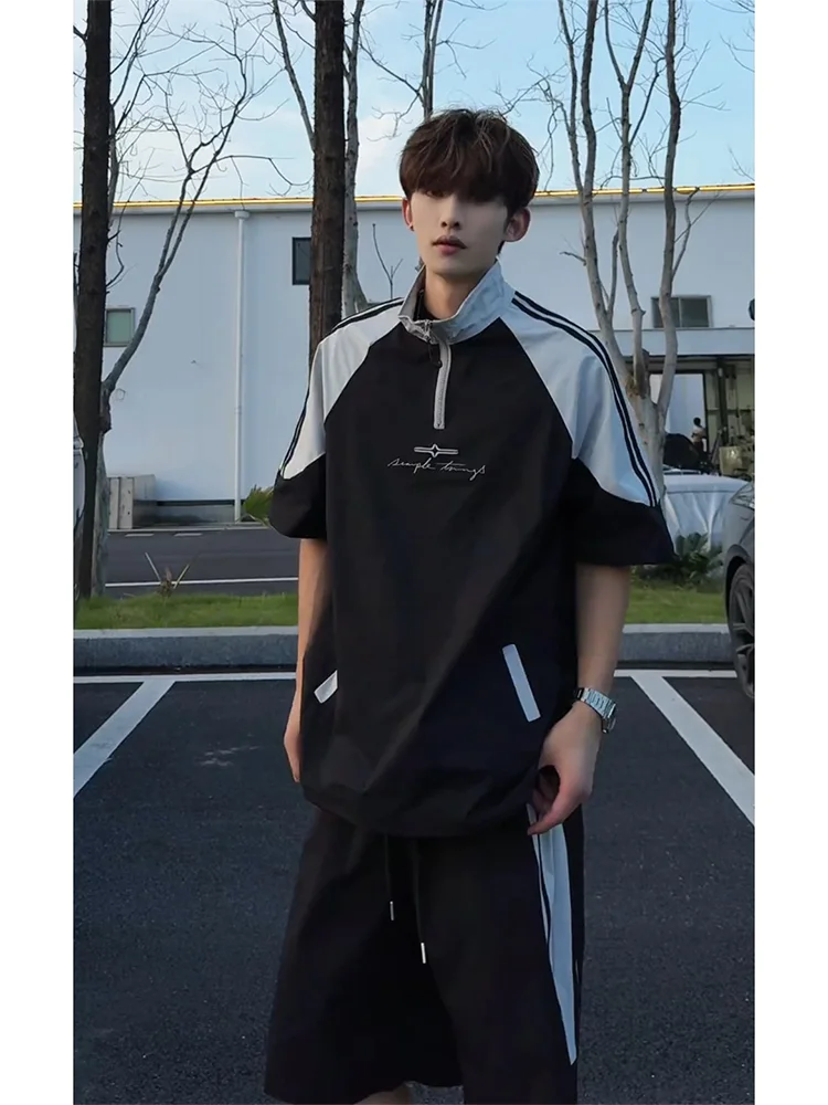 

Мужской летний повседневный комплект из двух предметов: рубашка-поло в американском стиле с коротким рукавом и шорты свободного кроя