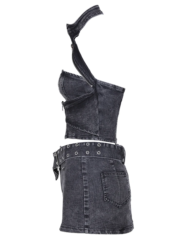 Imagem -02 - Deat-fatos Femininos de Saia Jeans Halter Hollow Out Camis de Cintura Alta Cinto Preto Fino Nova Moda Verão 2023 Peças 11d10231