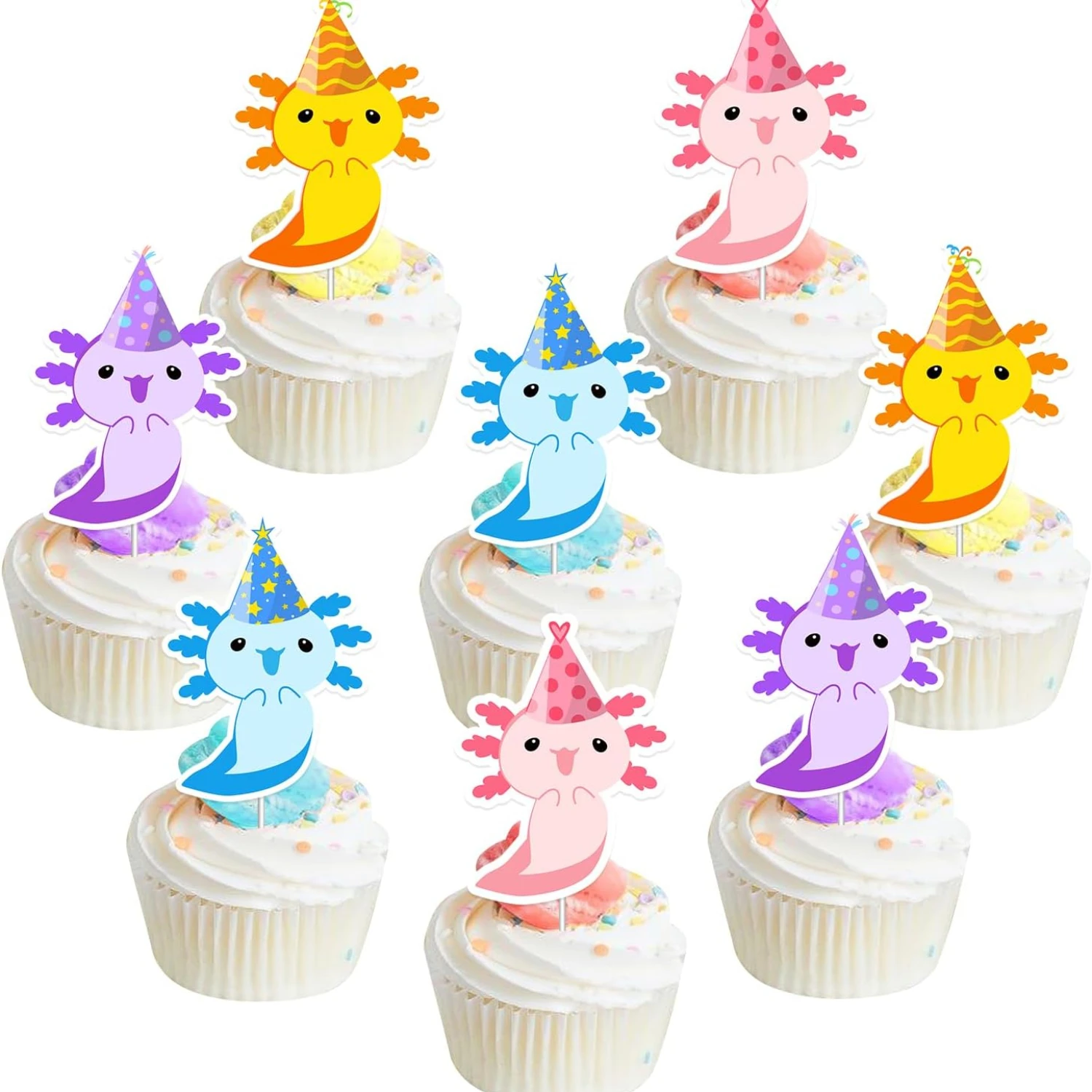 Fangleland 36Pcs Axolotl Dessert Cupcake Toppers Colorful Cartoon 1st 2nd 3rd Birthday Baby Shower Gender Reveal Party Supplies