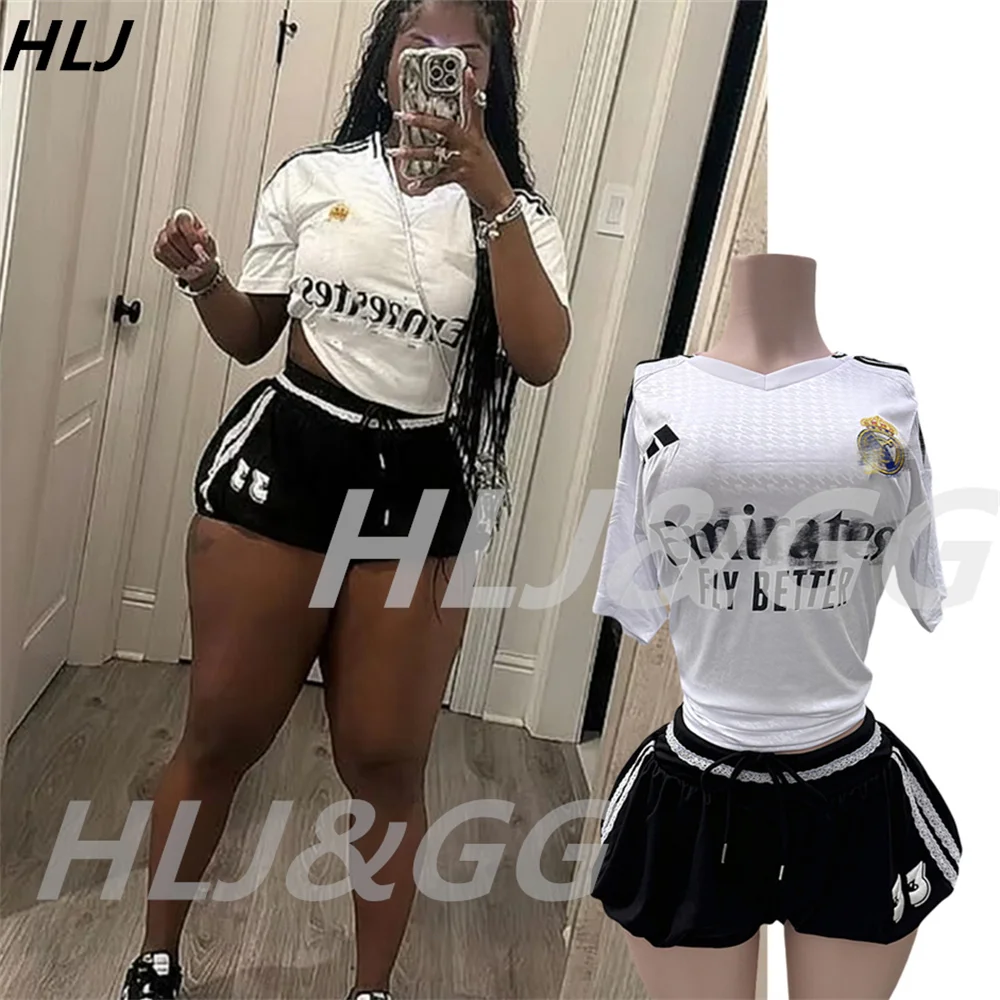 HLJ Vintage Letter Printing Loose Tshirts Two Piece Sets Women V Neck Top And Puffy Shorts Outfits Fashion Trend 2pcs Streetwear