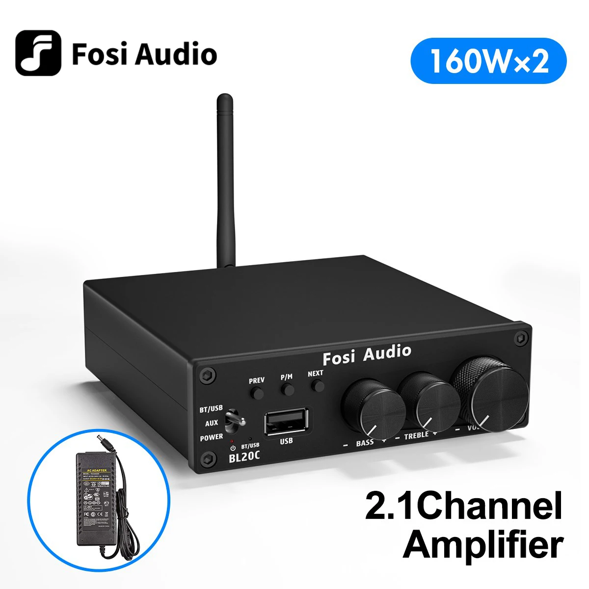 

Fosi Audio 160W BL20C Bluetooth Antenna Power Amplifier Audio HiFi 2.1 Mini Class D Amp U-Disk Player For Home Passive Speaker