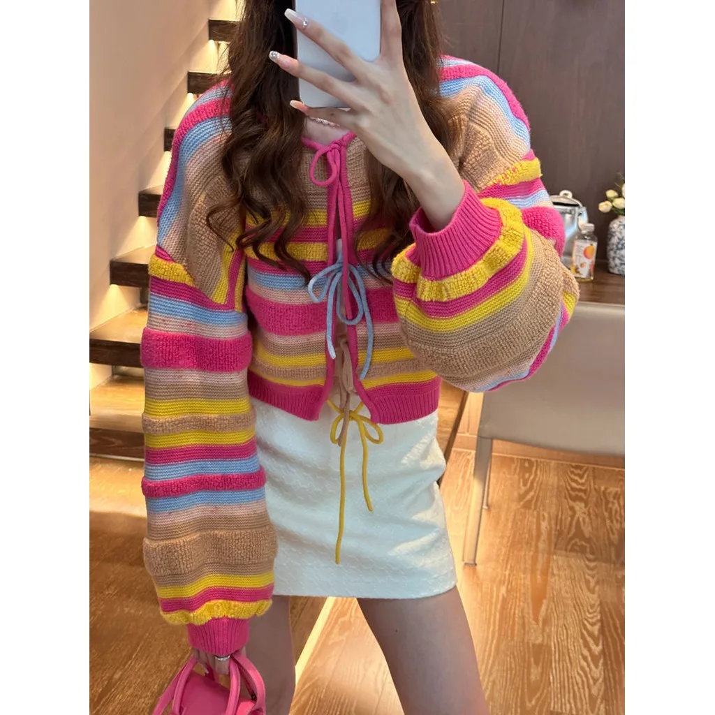 

Dopamine Wearing Rainbow Stripe Bow Tie Knitted Cardigan Women's Autumn Winter Korean Design Sweater Coat