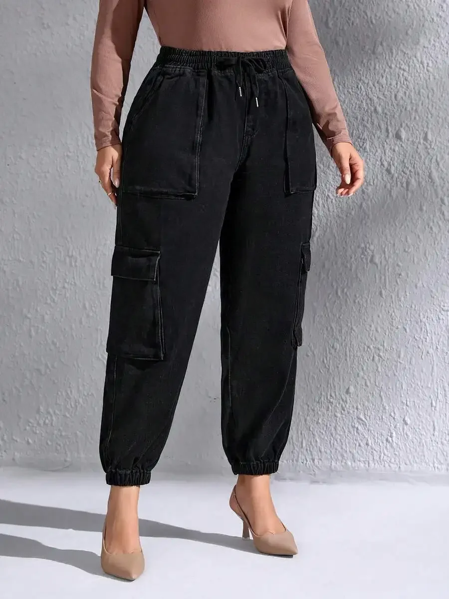 

Plus Size Womens Black Cargo Pants With Elastic Waist And Flap Pockets