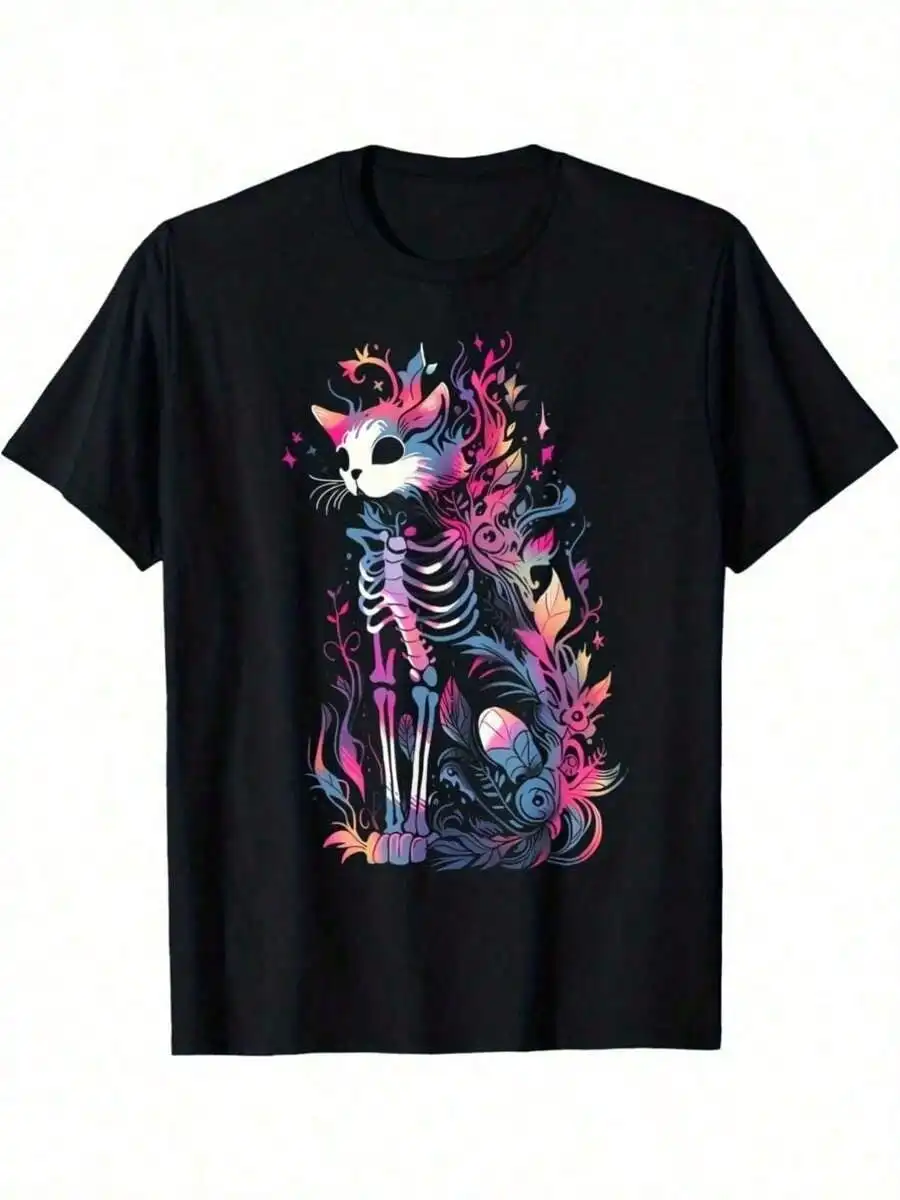 Creepy Cute Cat Skeleton-Shirt - Pastel Goth Graphic Tee Men - Spooky CelebrationsRetro Atmosphere Modern Humorous Printed-Shirt