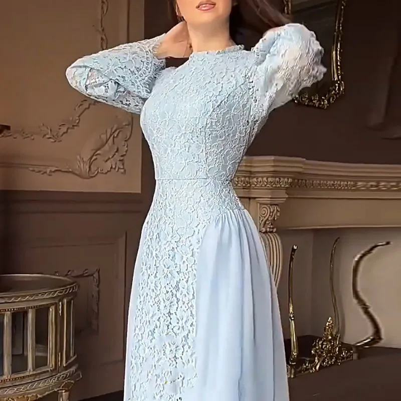 أنيقة س الرقبة عالية الخصر مطوي فستان حفلة موسيقية عادية الخريف المرأة فستان ماكسي الأزرق الدانتيل المرقعة بأكمام طويلة سوينغ فستان الحفلات