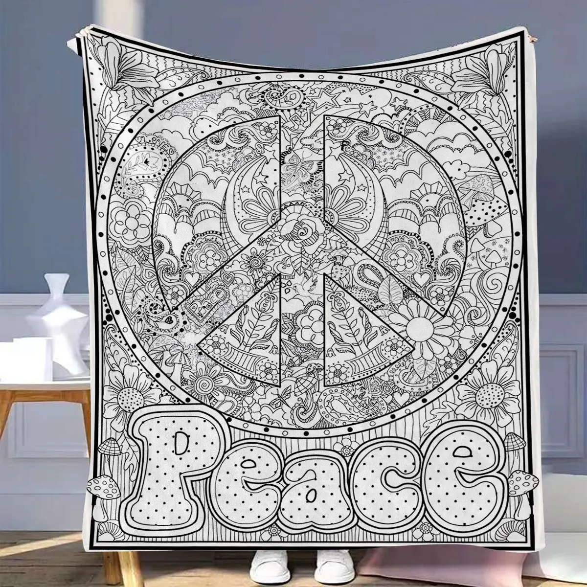 Lightweight Warm Blanket Kawaii Fantasy Horned Creature Floral Line Art Print Skin Friendly Flannel Throw Bedroom DIY blanket