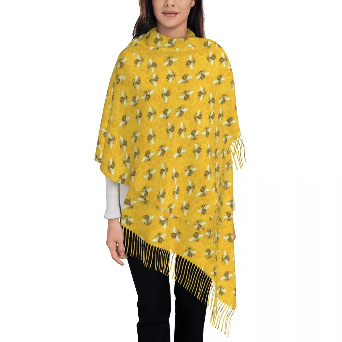 Ladies Scarf Warm Honey Bees Scarves Wraps with Long Tassel Cute Honeycomb Luxury 2024 Shawls and Wraps Autumn Graphic Foulard