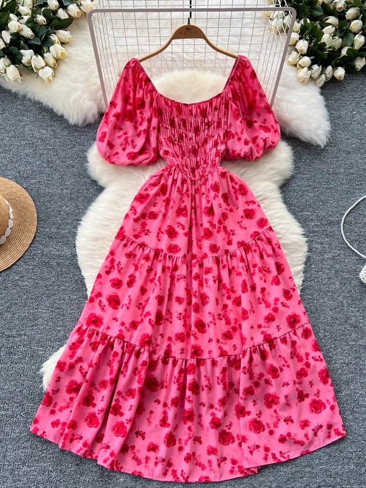

Beiyingni French Sweet A-line Midi Dresses for Woman Floral Printed Short Sleeve Square Leisure Dress Ruffles Black Vestidos