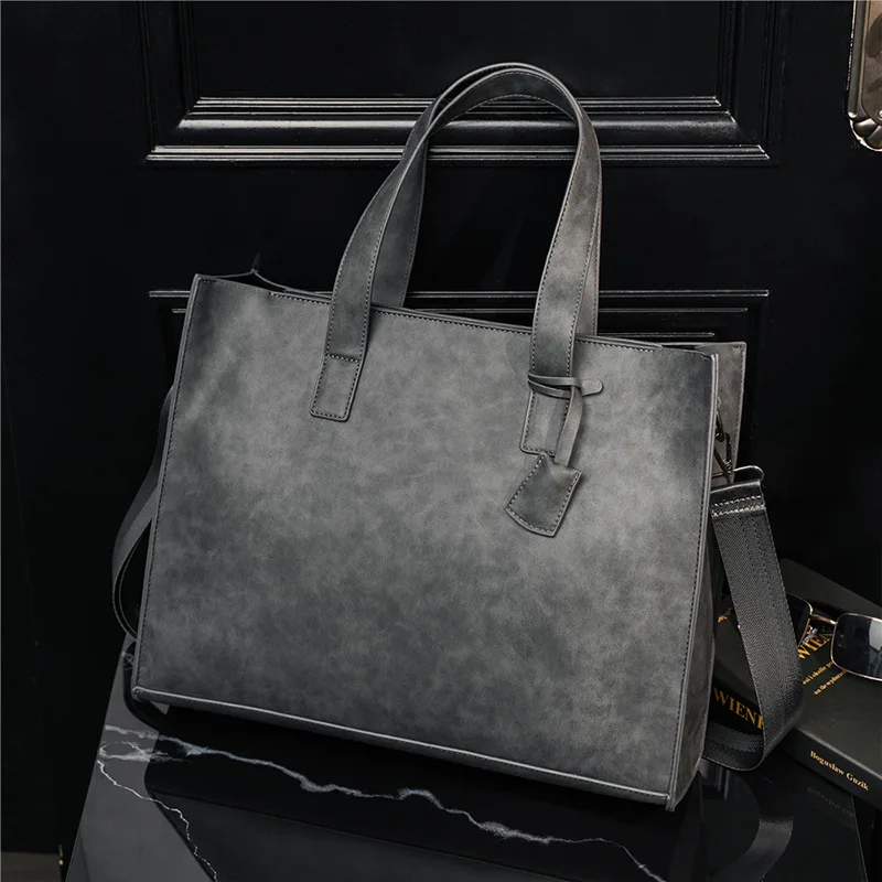 Square horizontal pu leather tote bag zipper large capacity computer storage handheld men's and women's shoulder bag
