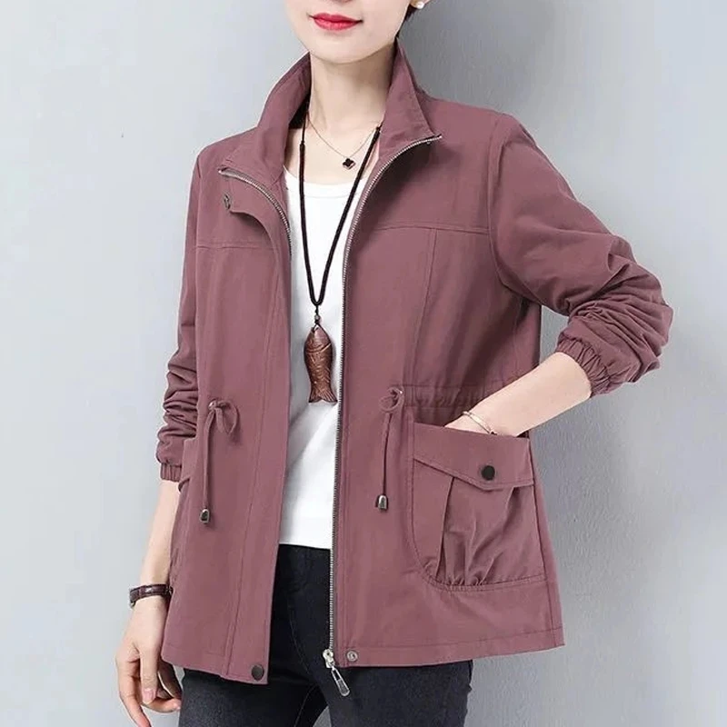 2025 New Spring Autumn Trench Coat Women Fashion Lining Windbreaker Drawstring Waist Stand Collar Base Coat Female Outerwear