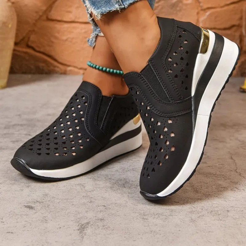 

2026 New Hollow Out Wedges Sneakers Women Plus Size Pu Leather Thick Sole Loafers Woman Slip On Breathable Casual Shoes Female