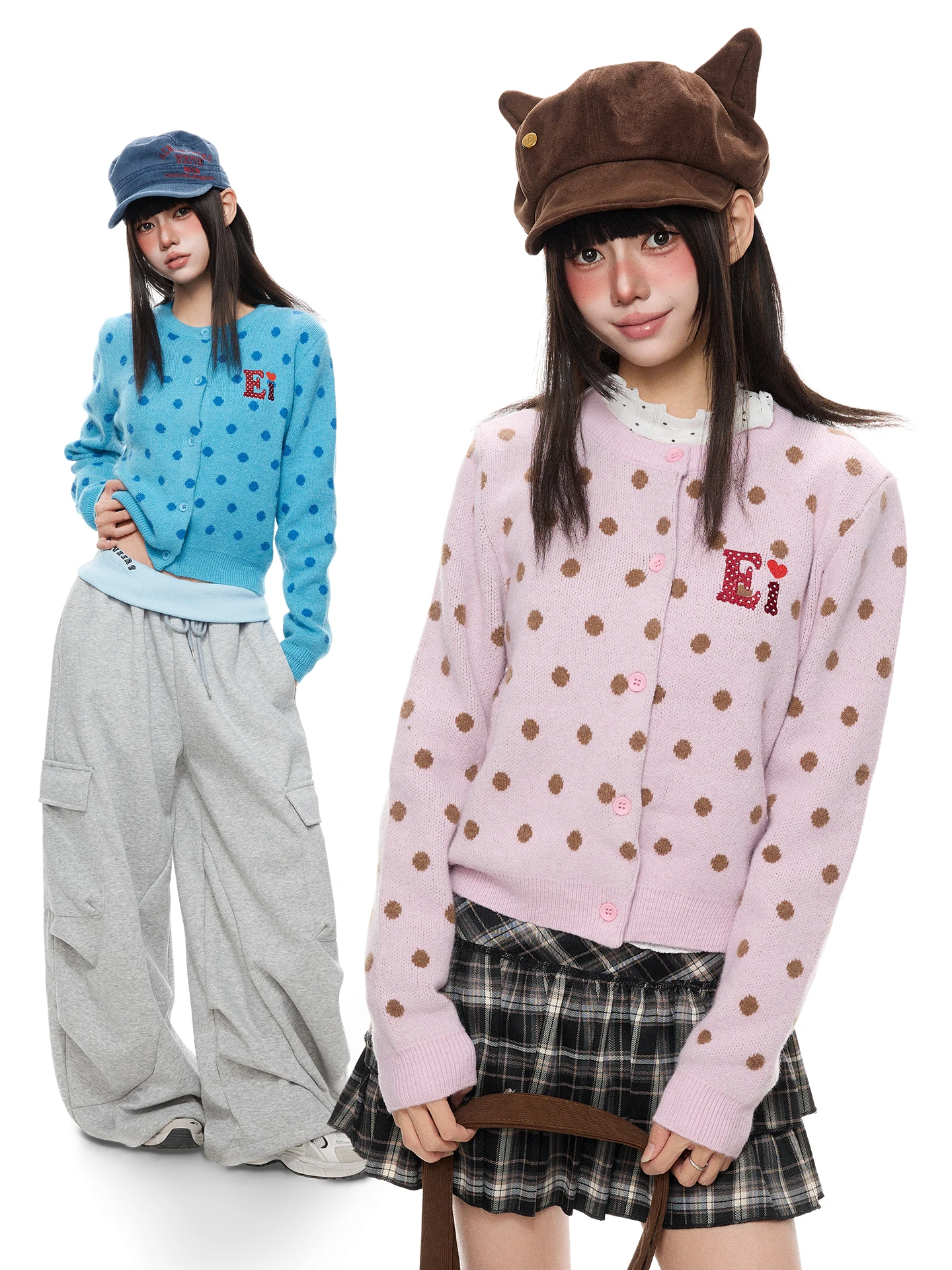 K787 Soft Knitted Polka Dot Embroidery Women's Sweatshirt Macaron Color Block Loose Fit Autumn Winter Warm Cardigan Coat