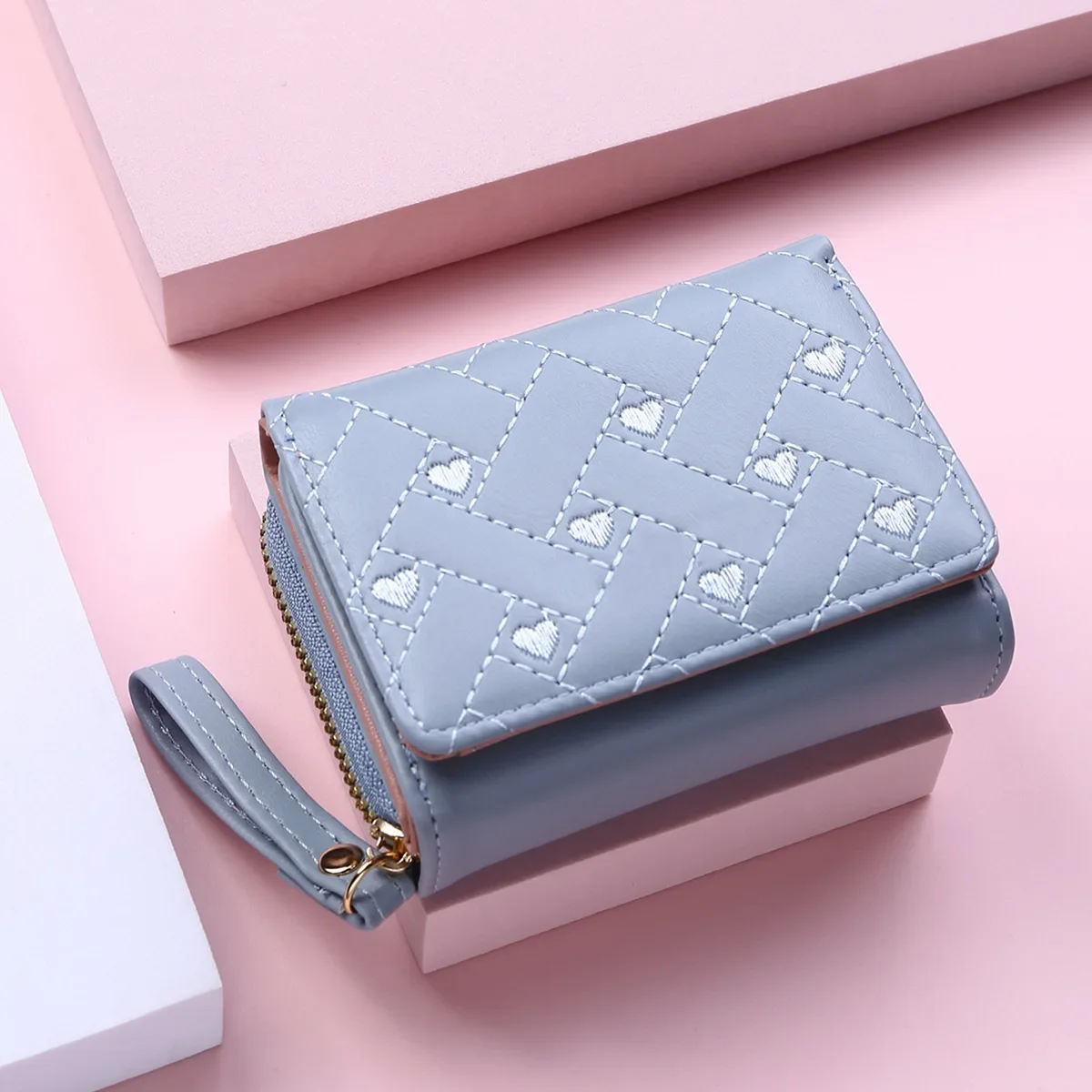 

New Women's Wallet Tri Fold Card Bag PU Multi Objects Pocket Short Fashion Korean Embroidered Love Pattern