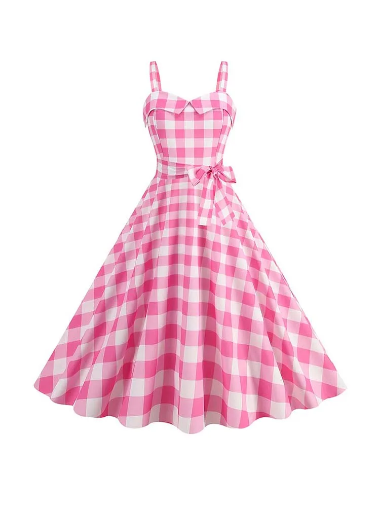 Spaghetti Strap Pink Plaid Dress Women Summer Elegant Vintage 50s Rockabilly Swing Party Dress