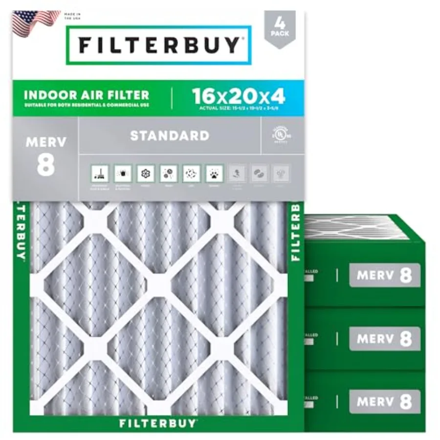 

16x20x4 Air Filter MERV 8 Essential Dust and Allergy Defense 4-Pack Electrostatic Pleated HVAC AC Furnace Filters Replacement M