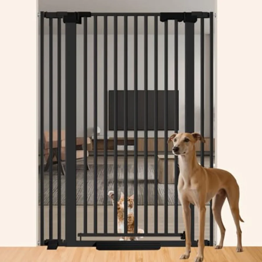 

Indoor pressure-mounted cat gate for doorway/hallway 51-inch extra tall 30-41 inch wide black metal auto-close feature no drill