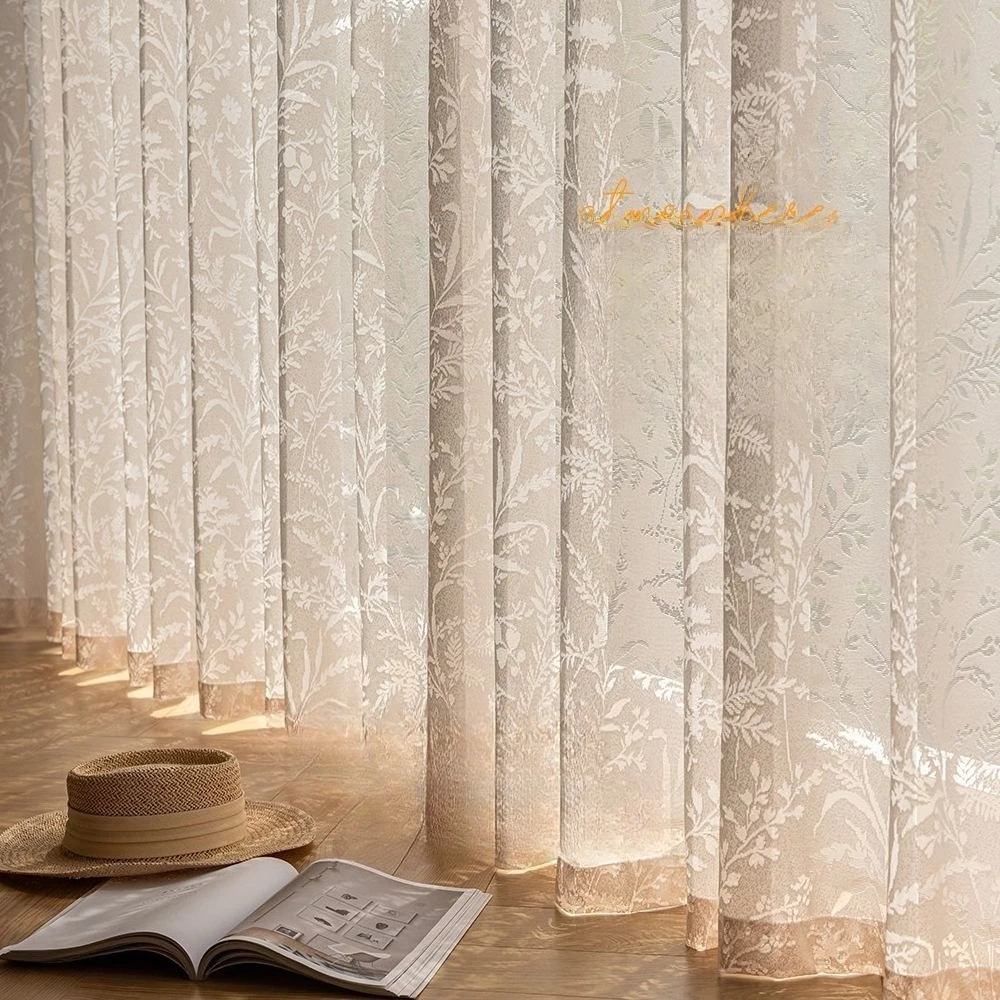 White Voile French Romantic Openwork Pattern Sheer Lace Curtains Filtering Light Luxury Curtain Window Screen Translucent Gauze