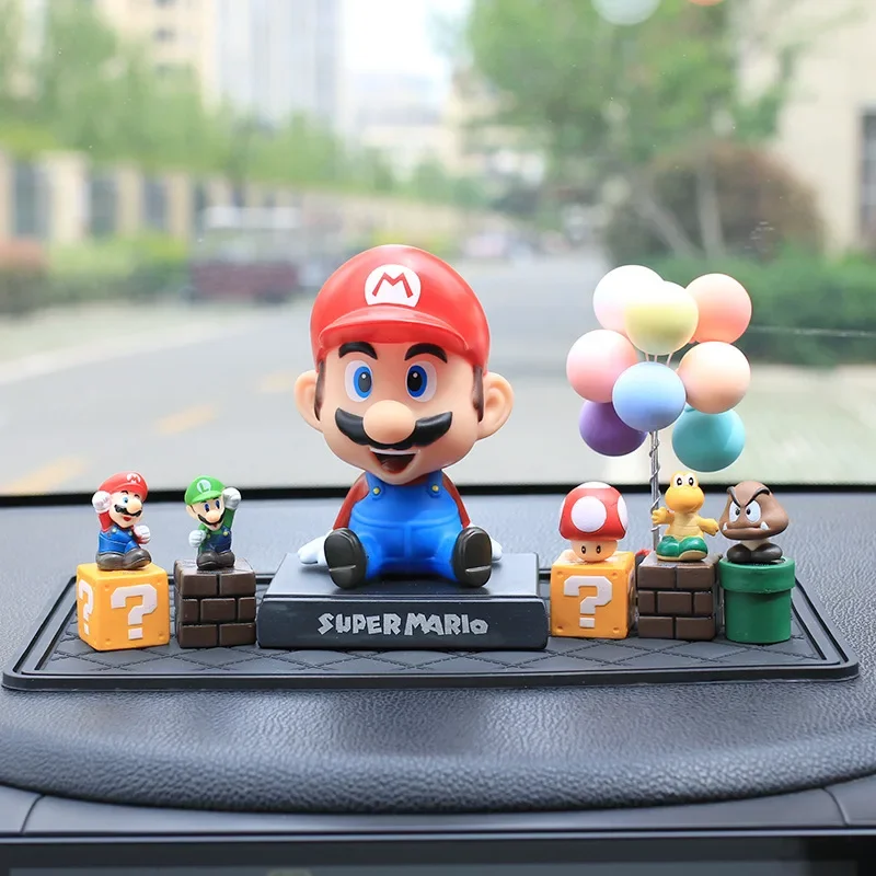 TAKARA TOMY-figuras de acción de Super Mario Bros, adornos de coche de Anime, muñeco con cabeza agitadora, accesorios internos automáticos, regalos