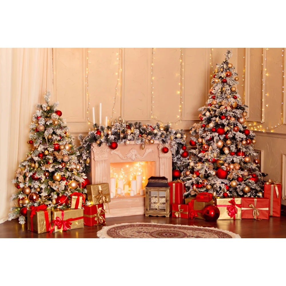 Christmas Fireplace Photography Backdrops Winter Xmas Tree Gift Family Party Home Decor Baby Portrait Background Photo Studio