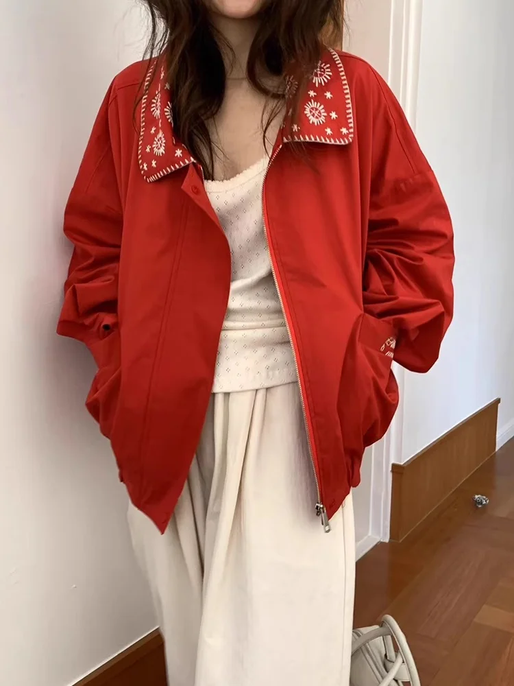 

Retro Embroidered Flower Collar Loose Fit Casual Long Sve Zipper Jaet Outerwear Chic Autumn New Sle for Women