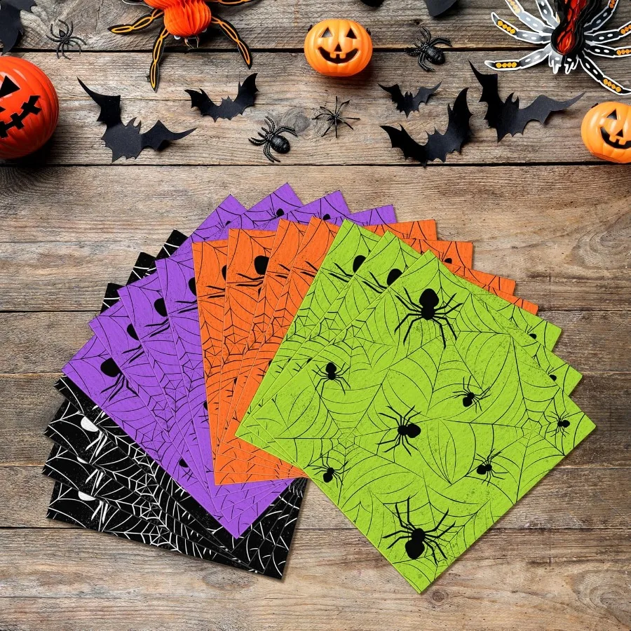 100 قطعة مناديل الهالوين على شبكة العنكبوت مناديل كوكتيل ورقية للحفلات والغداء والعشاء 4 ألوان لتزيين الطاولة المشروبات T